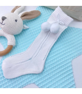 Calcetín Largo Pompones Blanco  Primavera-Verano  Calcetín largo bebé calado y adorno pompones