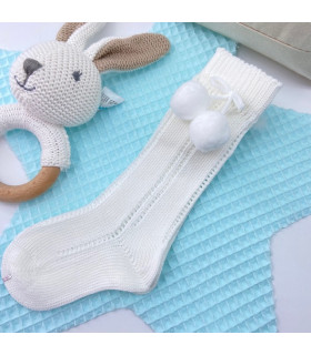 Calcetín Largo Pompones Marfil  Inicio  Calcetín largo bebé calado con adorno de pompones en