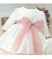 Vestido y Capota Tul Bordado y Lazo Rosa  Ceremonia  Conjunto vestido y capota en tul bordado