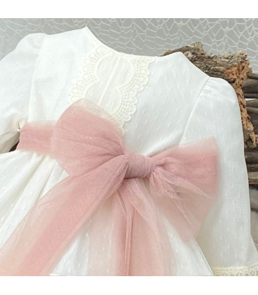 Vestido y Capota Tul Bordado y Lazo Rosa  Ceremonia  Conjunto vestido y capota en tul bordado