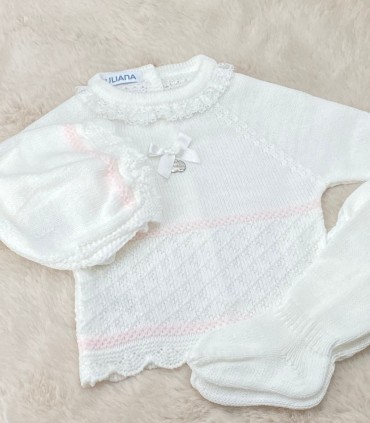 Conjunto Polaina Rombos Blanco-Rosa Juliana  Inicio  Conjunto ideal de primera puesta para