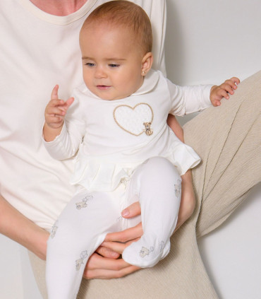 Conjunto polaina y camiseta Mayoral bebé niña crudo osito  Primavera-Verano  Conjunto de