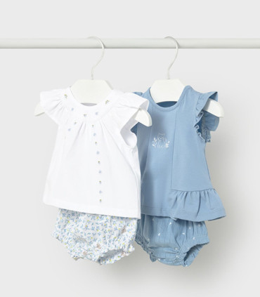 Conjunto 4 piezas Mayoral bebé niña ranitas y camisetas azul  Primavera-Verano  Conjunto de 4