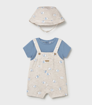 Pelele peto con gorrito Mayoral bebé niño azul marea  Primavera-Verano  Pelele peto con