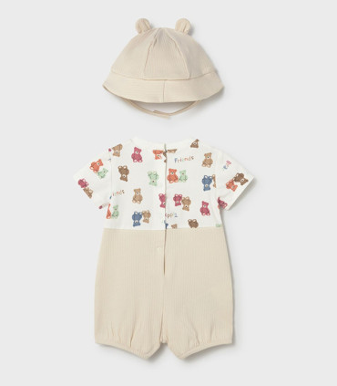 Pelele peto Mayoral bebé con gorrito orejitas  Inicio  Pelele peto con gorrito para bebé niño