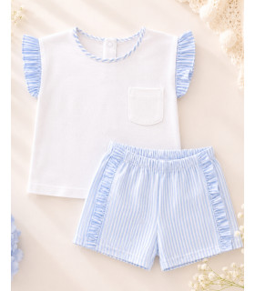 Conjunto Pantalón Corto y Camiseta Rayas Niña Azul  Niña-Niño    rayas, niña, conjunto