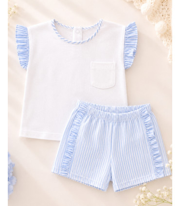 Conjunto Pantalón Corto y Camiseta Rayas Niña Azul  Niña-Niño    rayas, niña, conjunto