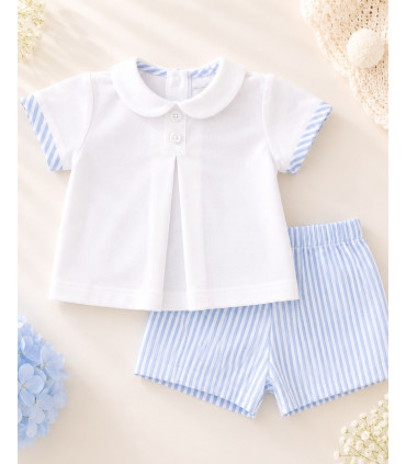 Conjunto Pantalón Corto Bebé Niño Rayas Azul  Bebé   TALLA: 6 m, 9 m, 12m, 3 m niño, corto
